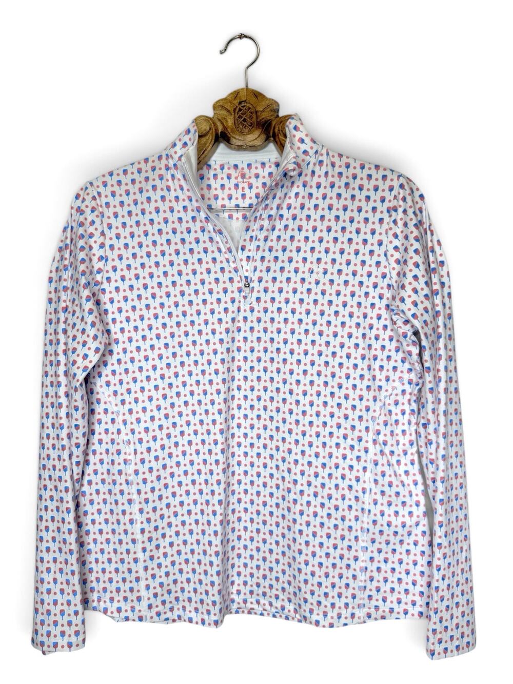 Rhoback Q Zip Performance Pullover Pickleball Paddle Print White Large